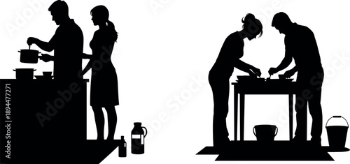 Black and white silhouette set of couple cooking dinner in kitchen and preparing food together vector illustration.