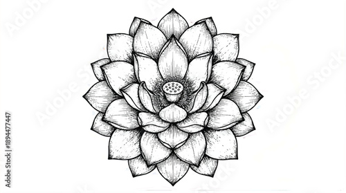 black and white drawing of a lotus flower on white background