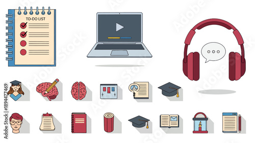 A comprehensive collection of educational icons, including study tools, learning resources, and academic symbols for online and traditional education.