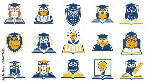 A collection of educational owl logos featuring wise owls in graduation caps with books, shields, and lightbulbs, symbolizing knowledge and academic success.