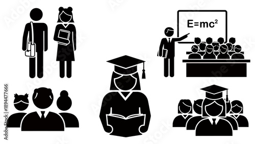 Black and white icons depicting various aspects of education, including students, teachers, classrooms, and graduates in academic settings.