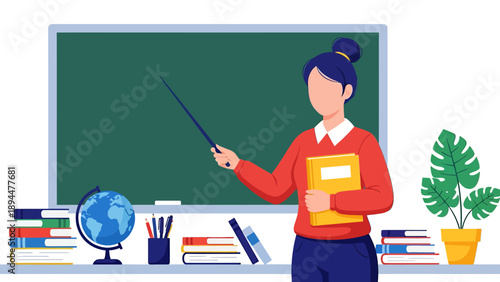 Teacher giving a lesson with chalkboard and teaching tools in classroom.