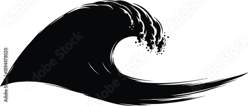 Silhouette of stylized ocean wave with dynamic curves and foamy crest for nature, surf, and black vector illustration in graphic art style