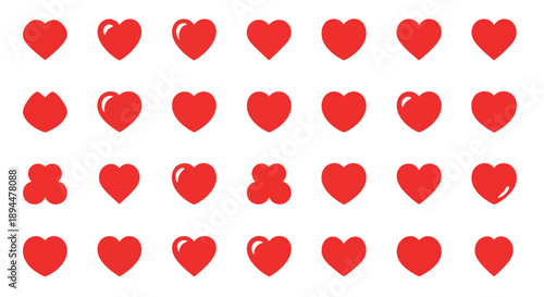 Collection of various red heart icons in different styles on a white background, symbolizing love and affection.