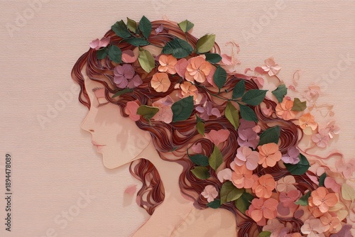 Profile portrait of a woman adorned with intricately crafted blossoms and foliage set against a muted background