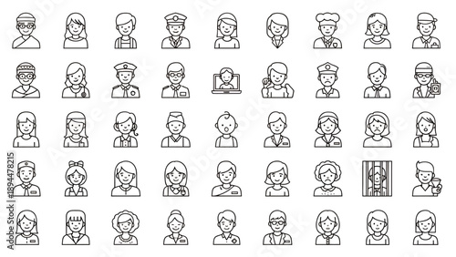 Collection of diverse professional and occupation line art icons representing various people and their roles in society.