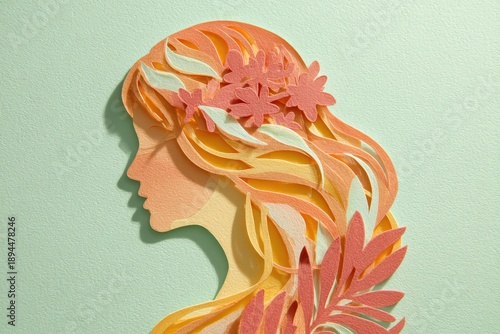 Layered paper silhouette depicts a profile view of a female head adorned with blossoms and foliage