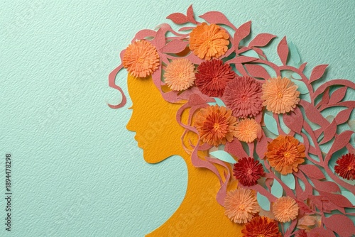 Profile silhouette adorned with vibrant paper flowers and foliage against a textured pastel background