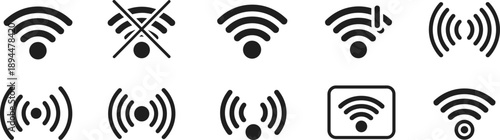 Wireless and Wi-Fi signal icons in black showing connection status, hotspot, calling, and secure network indicators for digital interface design