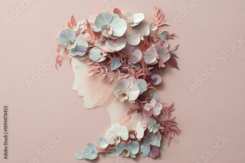 Three dimensional papercraft silhouette displays a profile of a woman adorned with layered floral arrangements