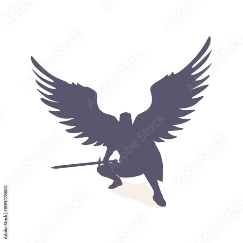 Dark fantasy angel warrior silhouette. Gothic demon knight mythical fighter with wings. Heroic fantasy character.