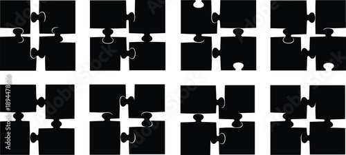 Set of black silhouette jigsaw puzzle pieces vector icons representing teamwork, connection, and problem solving solutions for business strategy and collaborative corporate projects design.