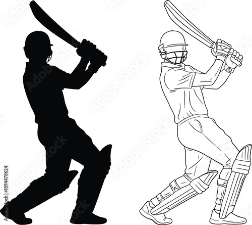 Professional cricket player batsman vector illustration featuring both black silhouette and detailed line art stroke for sports competition or athletic branding.