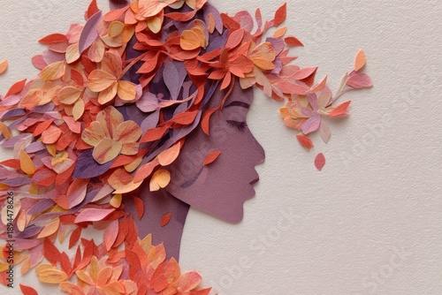 Profile silhouette of a woman adorned with a vibrant collage of autumnal foliage crafted from layered paper