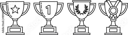 Line art vector illustration of four trophy cup icons featuring star, number one, laurel wreath, and medal designs for sports championship and business success.