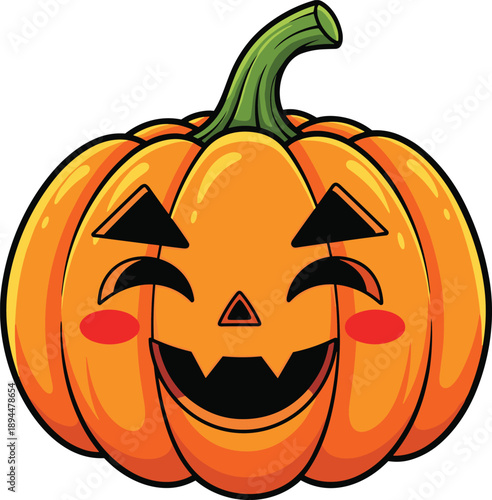 Cute cartoon orange Halloween pumpkin illustration featuring a happy smiling face with red cheeks and green stem for seasonal autumn celebration and holiday decorations