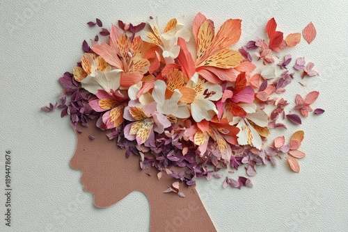 Paper crafting depicts a female silhouette adorned with a burst of colorful floral elements