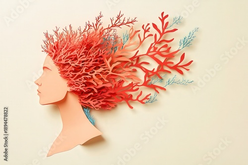 Papercraft illustration depicts a woman's profile adorned with flowing coral forms in vibrant colors