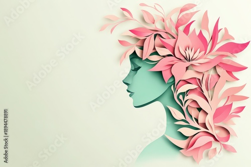 Stylized profile silhouette of a female head adorned with layered paper cut flowers and foliage