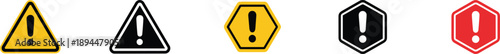 Warning icon set illustration, exclamation mark symbols, triangle and hexagon alerts, color-coded caution signs, vector graphic, safety badge, UI 