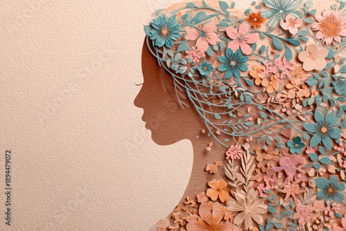 Silhouette profile of a woman composed entirely of intricate paper floral elements