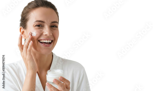 Smiling beautiful woman touching healthy facial skin, skincare and cosmetics concept, isolated on transparent background