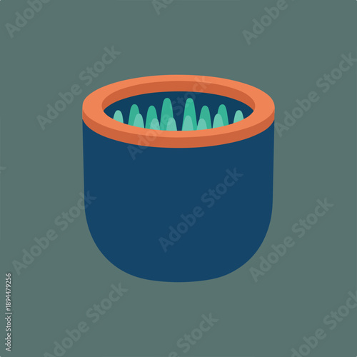 A minimalist flat vector illustration of a dark blue bowl with an orange rim, containing abstract green wavy shapes, presented with an isometric perspective.