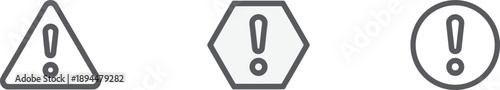 Warning symbol icon set, exclamation mark signs, triangle alert, hexagon caution, circular warning, safety graphic, vector illustration, signage design, hazard icon, alert badge