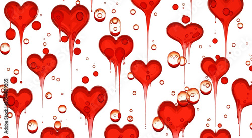 Abstract pattern of dripping red hearts and bubbles on a white background, evoking themes of love and emotion and passion.