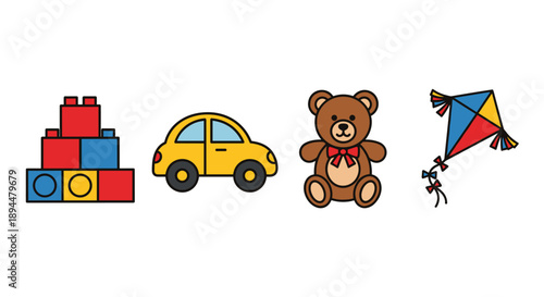 Children's Toy Set Icons Featuring Building Blocks Toy Car Teddy Bear and Kite. Vibrant Vector Illustrations for Nursery and Play Content.