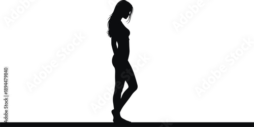 Silhouette of person standing with relaxed posture and bent leg on horizontal line for artistic, emotional, and design themes