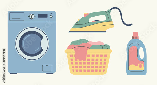 Laundry Day Icons Set with Washing Machine Iron Laundry Basket and Detergent. Clean Vector Graphics for Domestic Chores and Household Maintenance Content.
