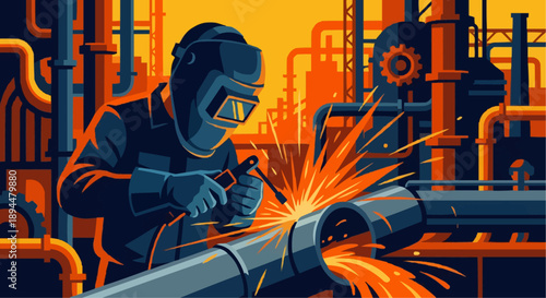Industrial welder worker with protective helmet and sparks repairing metal pipe vector illustration.