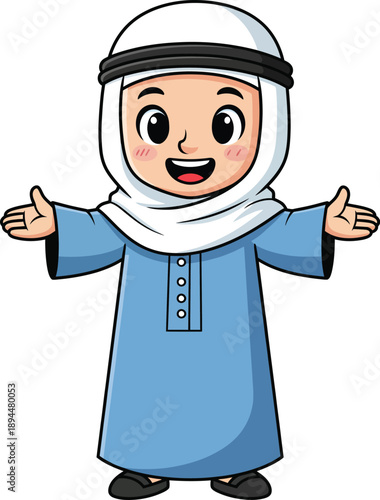 A cheerful cartoon Arab boy in a blue thobe and white ghutra standing with open arms in a welcoming pose.