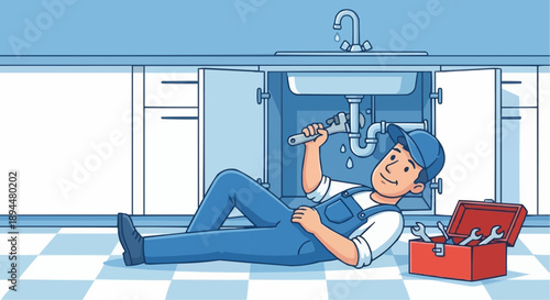 Plumber handyman fixing leaking pipe under kitchen sink vector illustration.
