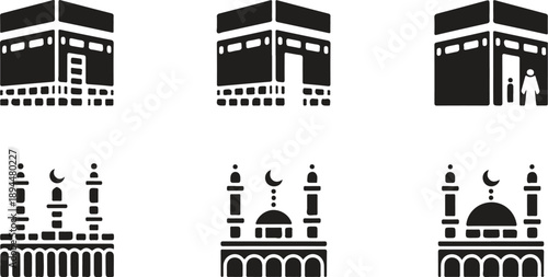 Kaaba & Mosque Silhouette Icons  Islamic Pilgrimage Architecture Symbols