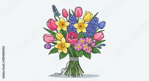 Vibrant bouquet of tulips daffodils and hyacinths tied with twine