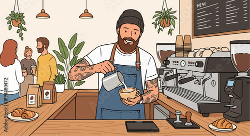 Professional barista pouring milk to make latte art coffee in modern cafe shop.