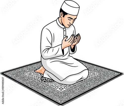 A devout Muslim man in a white thobe and kufi kneels on a prayer rug hands raised in dua.