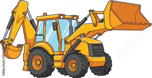 Yellow backhoe loader vector illustration for construction, heavy industrial machinery for earthmoving and excavation projects isolated on a white background.