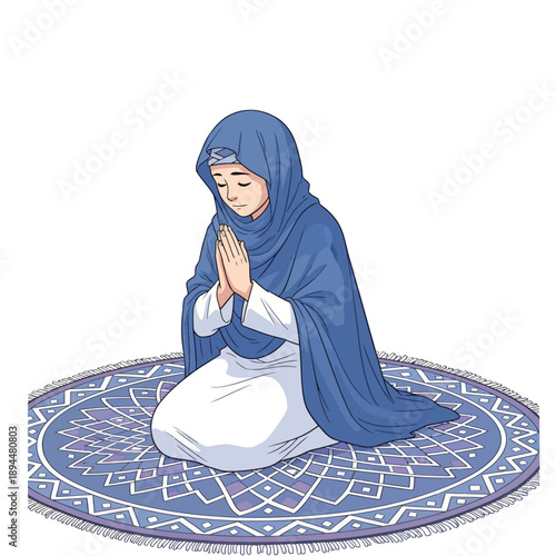 A devout Muslim woman in a blue hijab and white dress kneeling in prayer on a decorative rug.