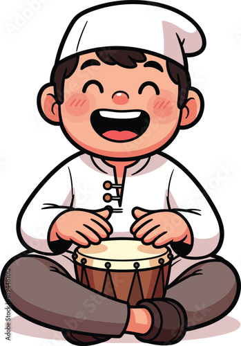 A joyful cartoon Muslim boy in a white kufi cap sitting crosslegged and playing a traditional hand drum.