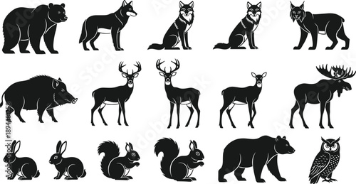 Large collection of black forest animal silhouettes including bear, wolf, deer, moose, fox, and owl isolated on white background for wildlife nature graphic design