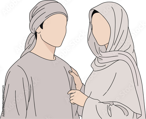 A minimalist illustration of a faceless Muslim couple in neutraltoned traditional attire the woman gently touching the mans shoulder.