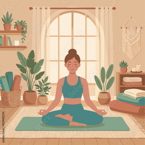 Yoga Instructor Studio Interior
A flat vector illustration of a yoga instructor in a calm yoga studio environment. Plants, mats, and soft decor visible. Flat vector style, cozy wellness space.
