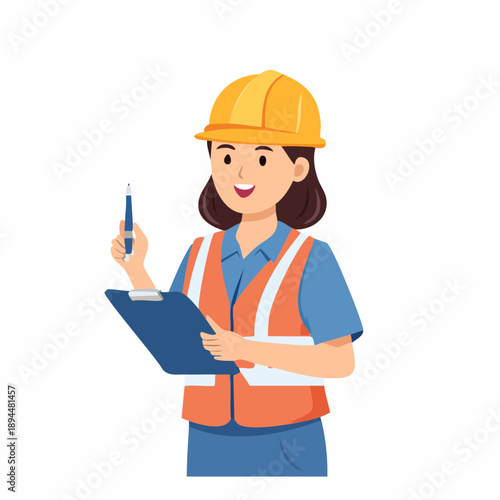 建設現場の女性作業員｜ヘルメットと安全ベストを着用したイラスト、Female Construction Worker with Hard Hat and Safety Vest – Vector Illustration