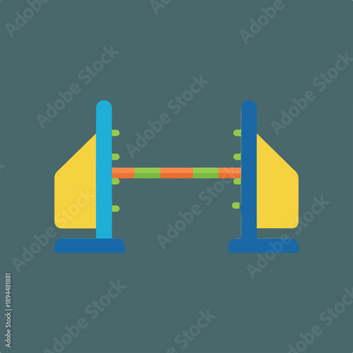A minimalist flat-design icon depicts a horse jumping obstacle, featuring blue vertical posts, yellow supportive elements, and a multi-colored horizontal bar against a solid background.