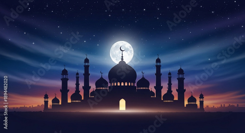 Mosque silhouette at night with moon and stars in sky