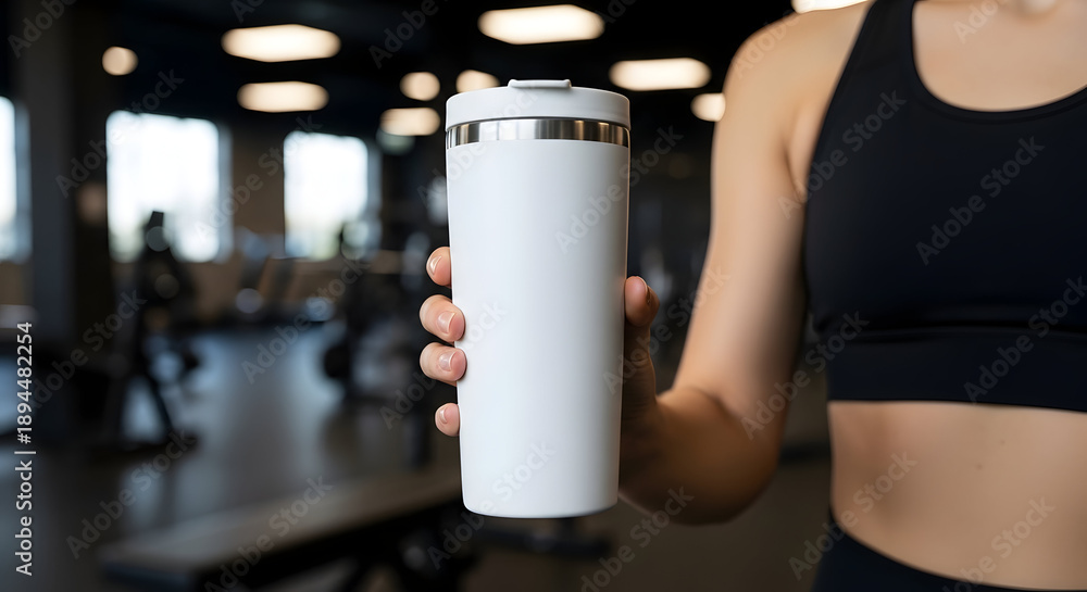 Woman's Hand Holding a White Travel Mug or Thermos in a Modern Gym Environment, Hydration Fitness