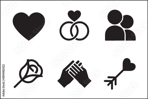 Romantic Love and Relationship Icon Set – Heart, Rings, Couple, Rose, Hands, and Arrow Symbols for Valentine’s Day and Wedding Design

